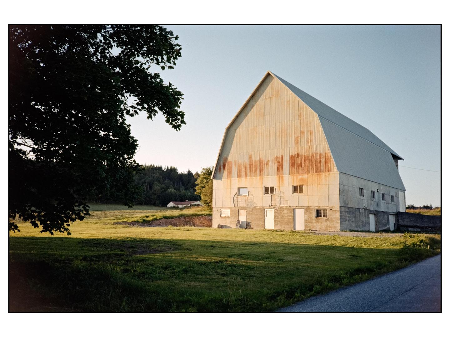 A large barn with a metal roof stands next to a field with a tree in the foreground.