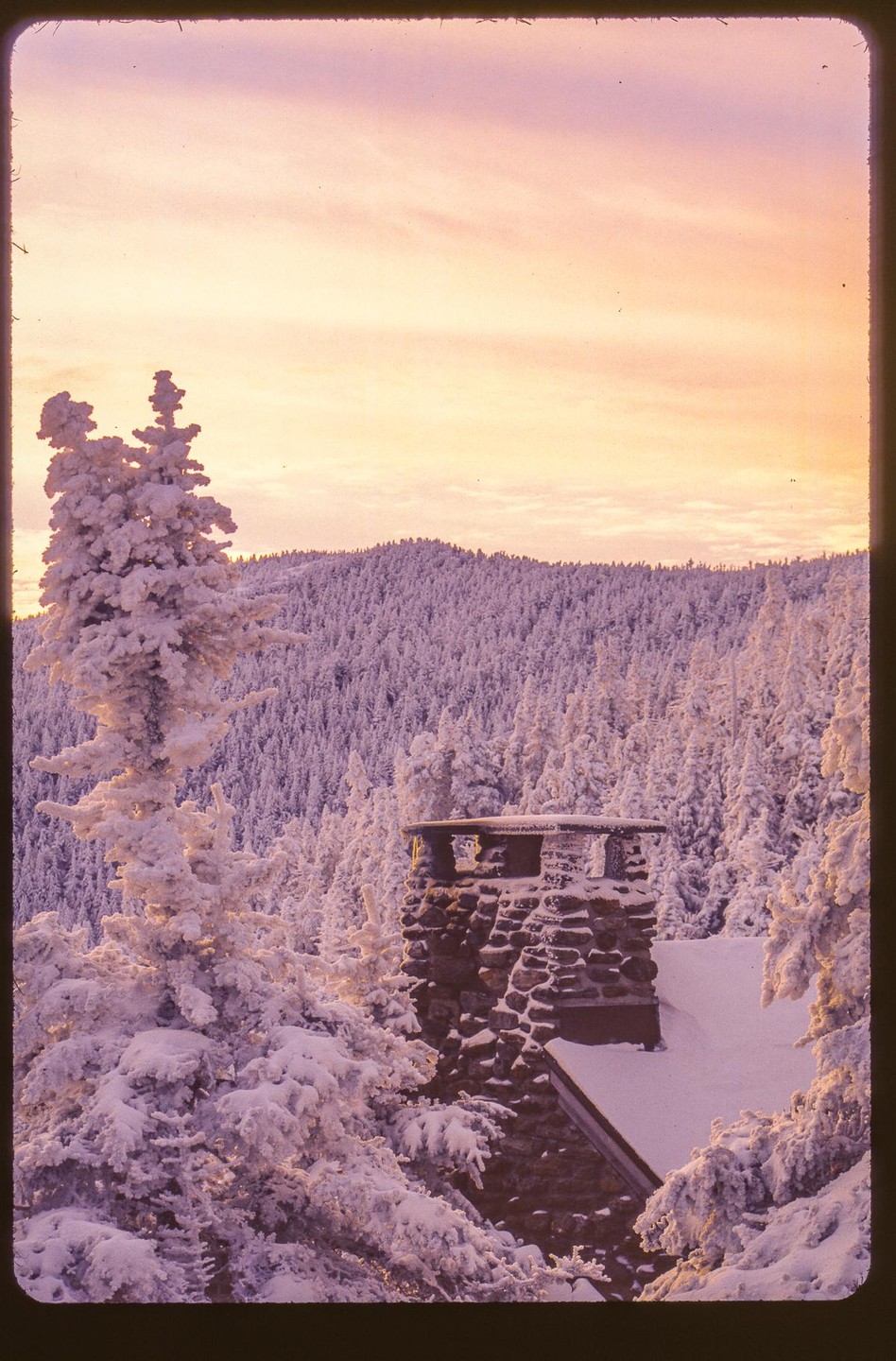 A stone chimney and snow-covered roof are visible among snow-laden trees with a mountain forest in the background under a pastel sky.