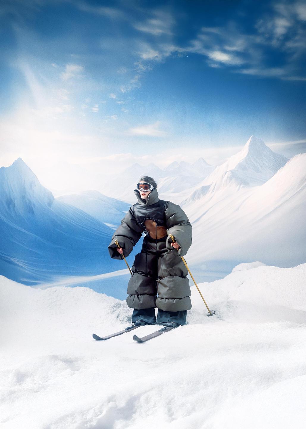 A person in a bulky ski suit and goggles stands on skis in a snowy mountain landscape.