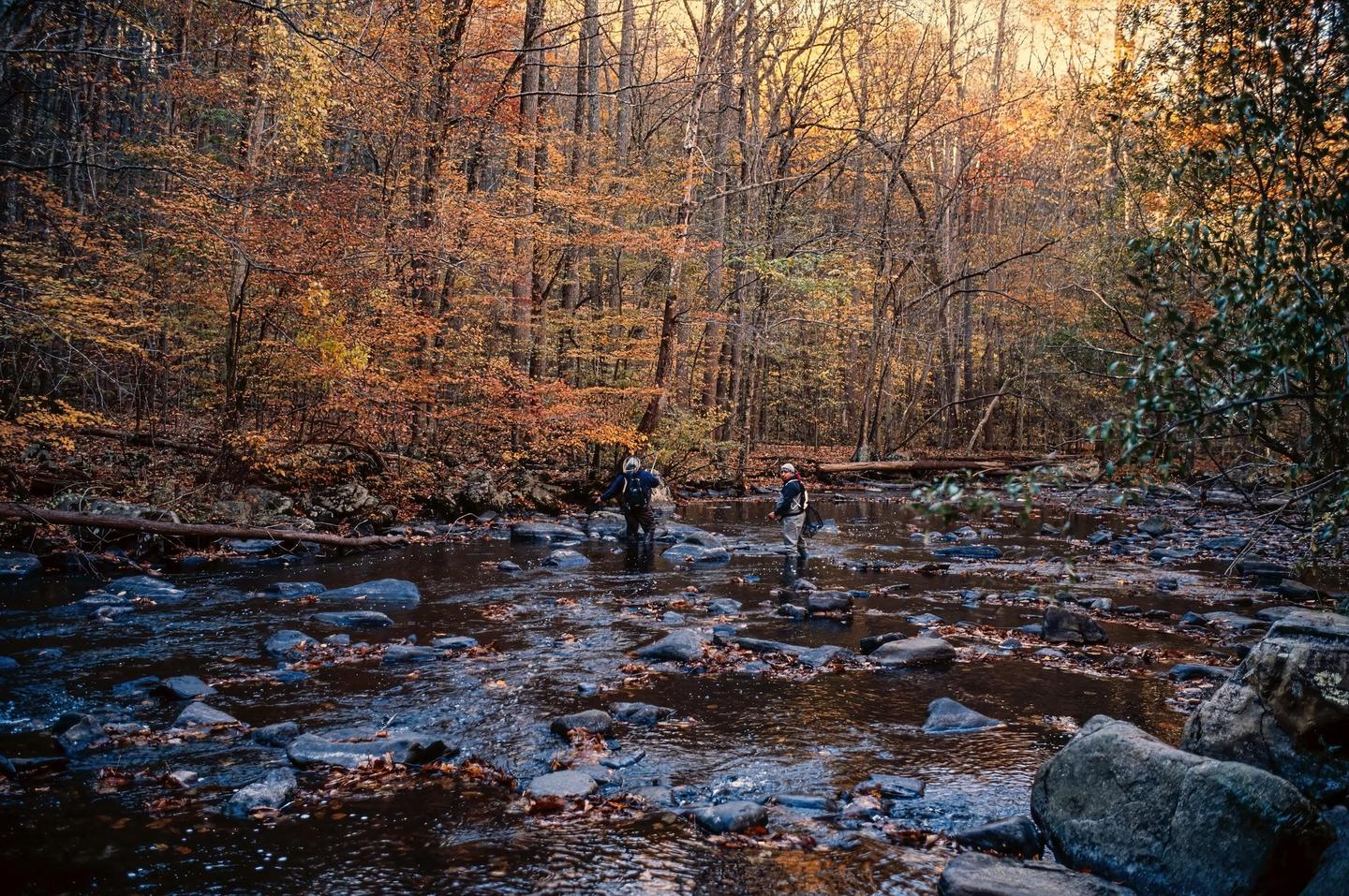Two men stand in a rocky river surrounded by autumn trees.