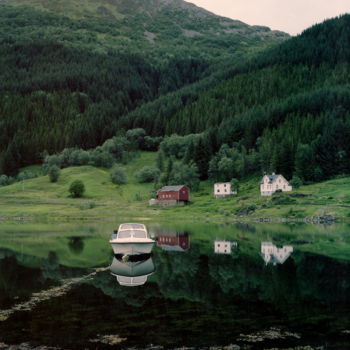 A small boat floats on a still body of water, reflecting the surrounding forest and houses on the shore.