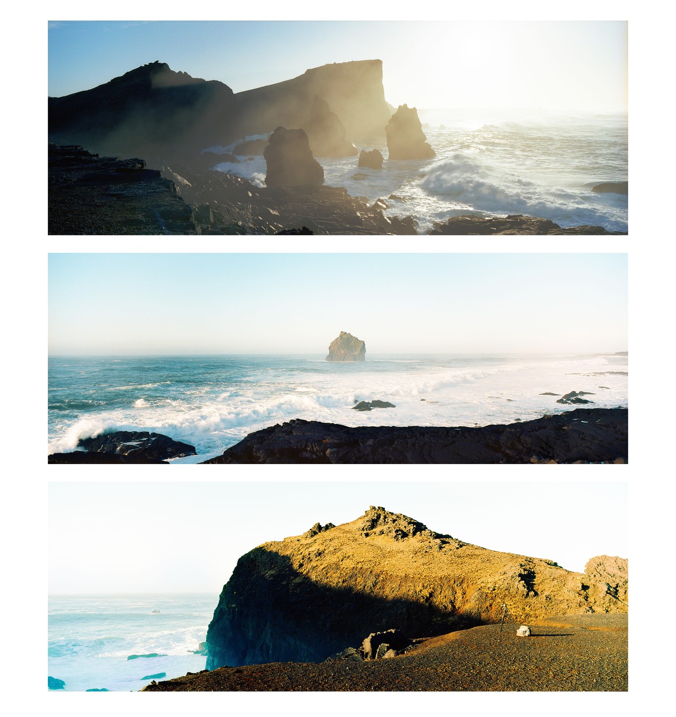 Three panoramic images show a rugged coastline with waves crashing against rocks and a hazy ocean.