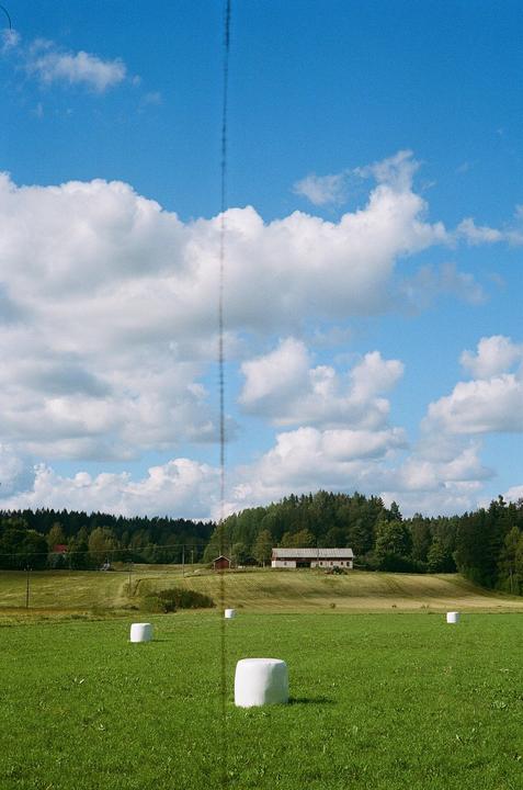 A green field with white hay bales sits in front of a forest and a white house under a blue sky with clouds.
