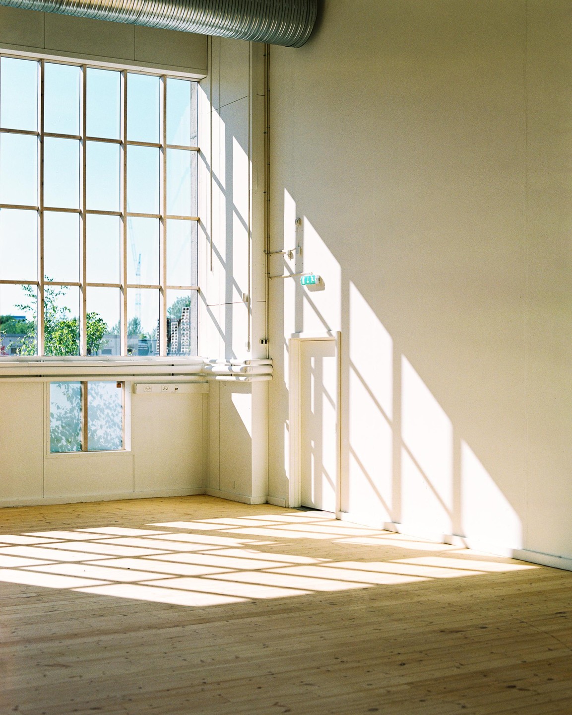 Sunlight streams through a large window, casting shadows on the wooden floor and white walls of an empty room.