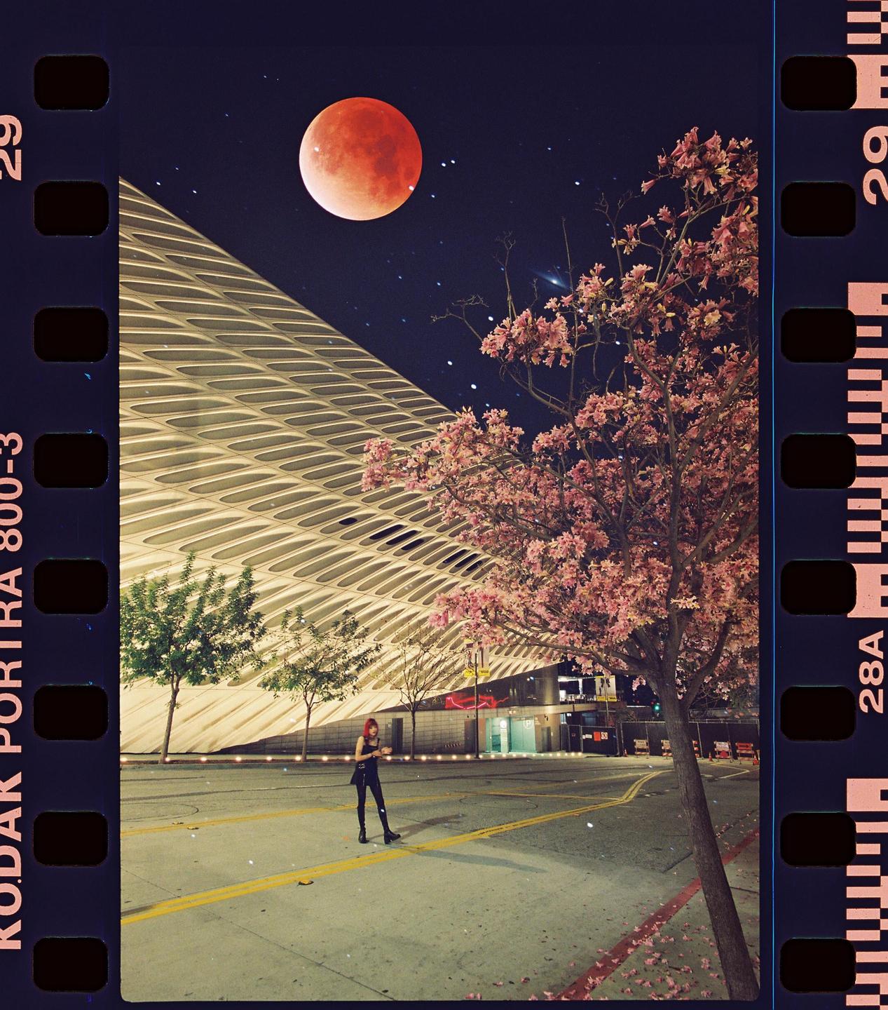 A woman stands on a street at night with a large building, a flowering tree, and a red moon in the sky.