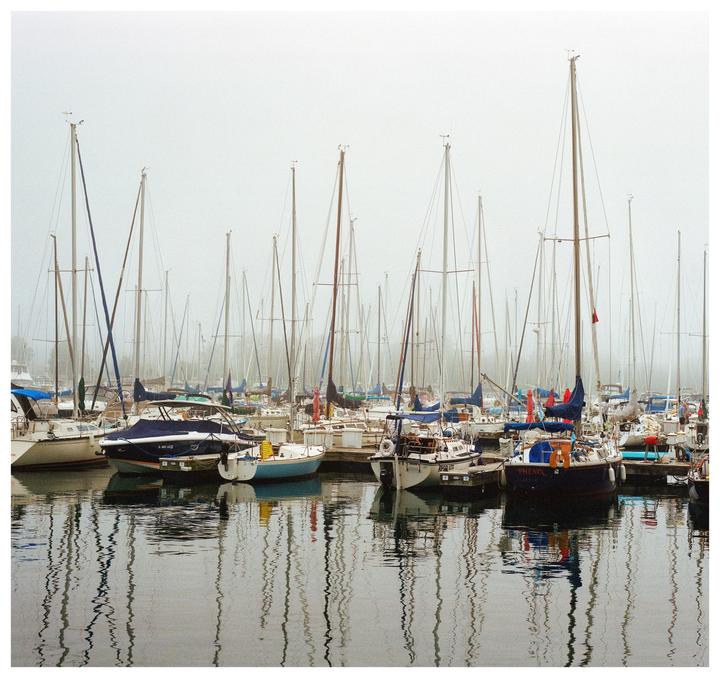 A marina filled with numerous sailboats and their reflections on the water is shrouded in fog.