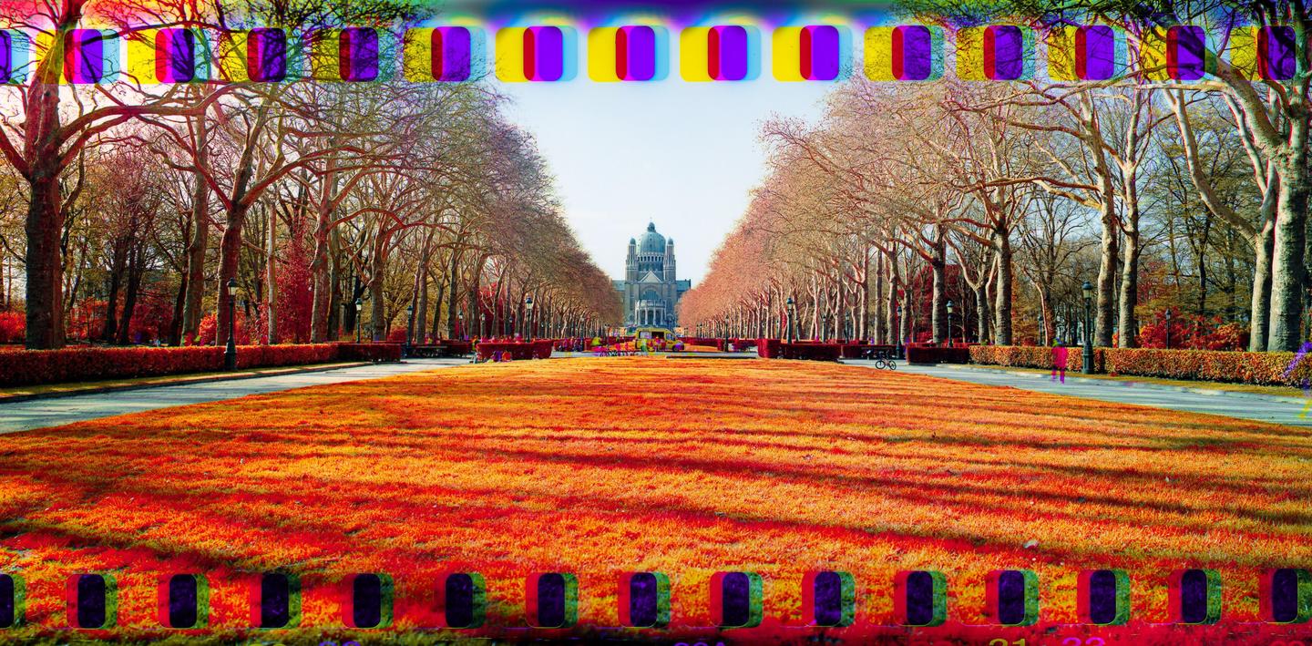 A wide park avenue with a large building in the distance is flanked by rows of trees and a vibrant orange lawn.