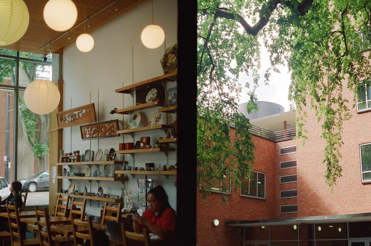 A woman sits at a table in a cafe with shelves of pottery and wooden carvings on the wall, while outside a brick building is partially obscured by green foliage.