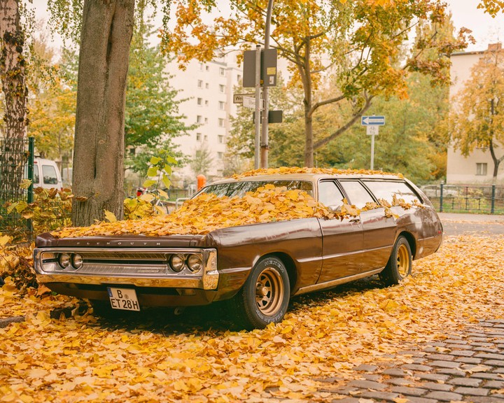 A brown Plymouth station wagon is parked on a street covered in autumn leaves.