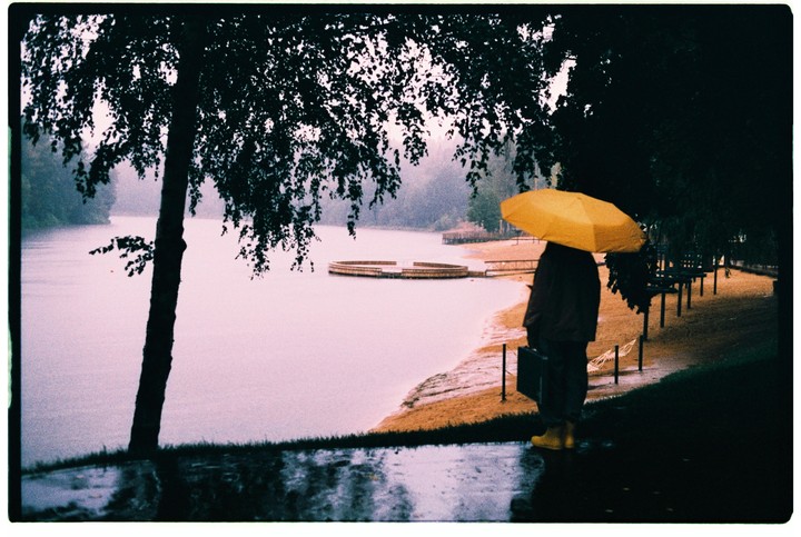 A person with a yellow umbrella stands by a lake with a circular dock on a rainy day.