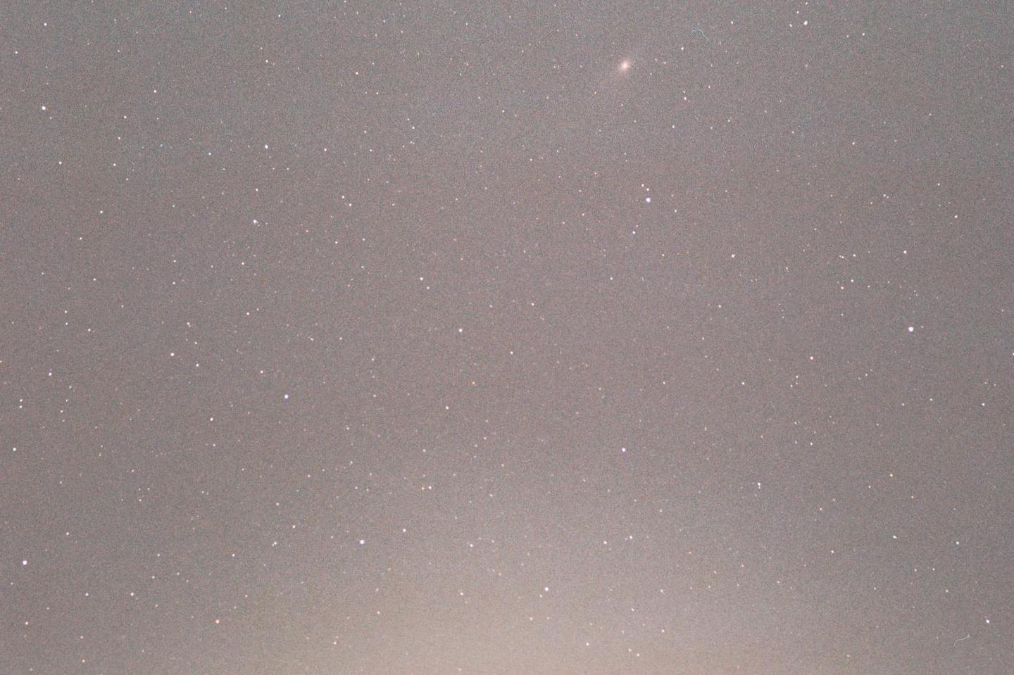 The Andromeda galaxy is visible among many stars in the night sky.