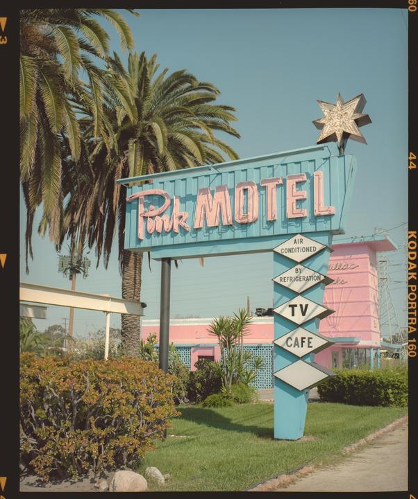 A blue and pink motel sign stands in front of palm trees and a pink building.