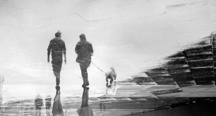 Two people walk a dog on a leash, reflected in a wet surface.