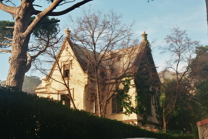 A large house with a steep roof and tall trees in front is visible from behind a hedge.