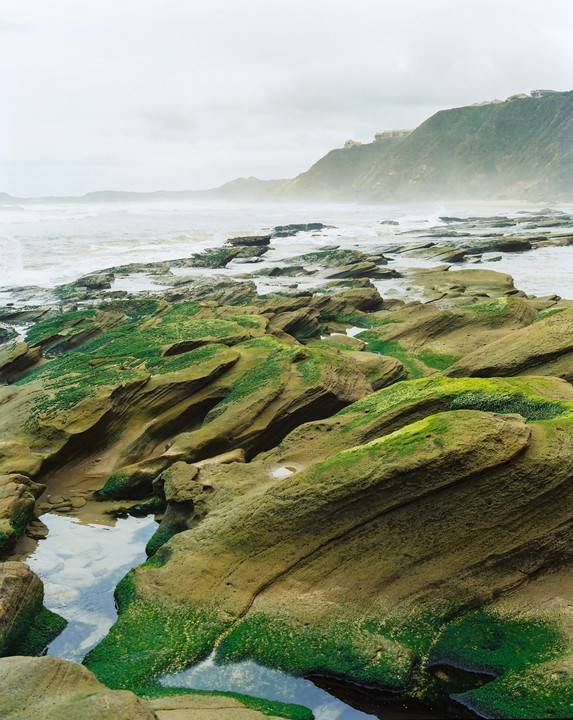 Mossy rocks and tidal pools are visible on a beach with a hazy mountain in the background.