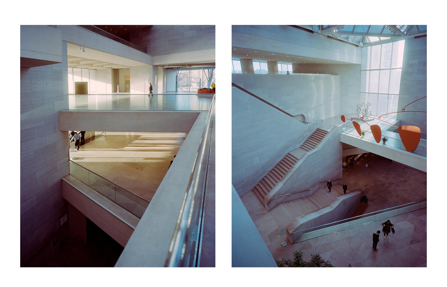 Two interior views of a modern art museum with multiple levels, stairs, and a large mobile sculpture.